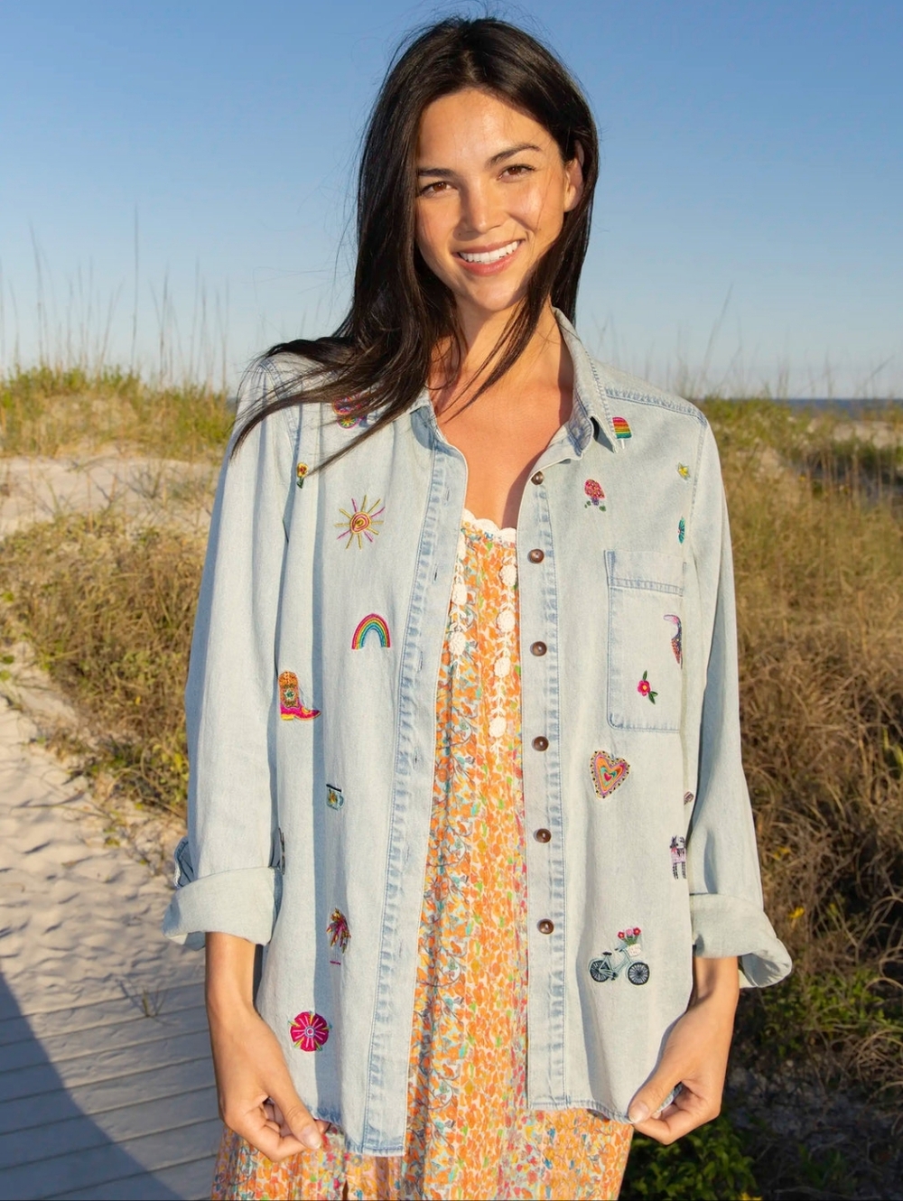 NATURAL LIFE Favorite Things Light Blue Denim Shirt with Multicolor Embroidery
